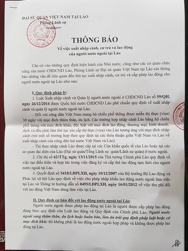 Thông báo mới nhất về việc xuất nhập cảnh, cư trú và lao động của người nước ngoài tại Lào