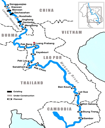 Vị trí dự án đập thuỷ điện Luang Prabang (chấm đỏ) cùng các đập khác trên sông Mekong. Đồ hoạ: Thai PBS News
