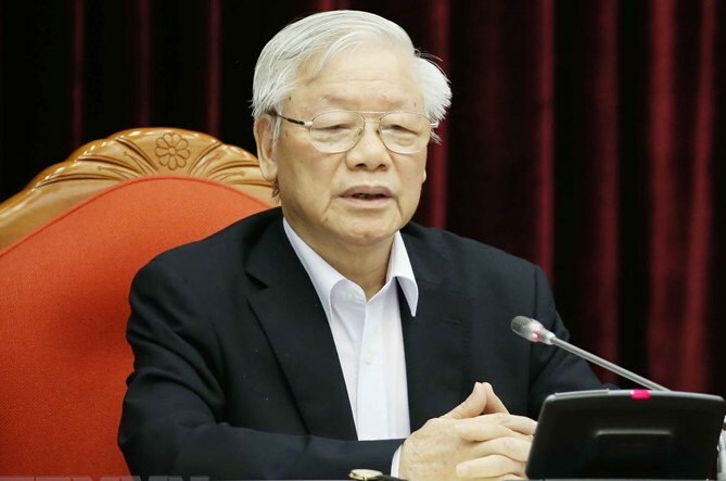 Tổng bí thư, Chủ tịch nước Nguyễn Phú Trọng chủ trì hội nghị trung ương mở rộng ngày 23/4. Ảnh: TTX