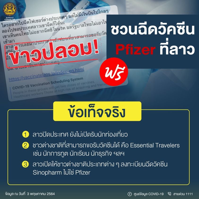 Thái Lan phủ nhận tin đồn công dân có thể sang Lào để tiêm vaccine Covid-19