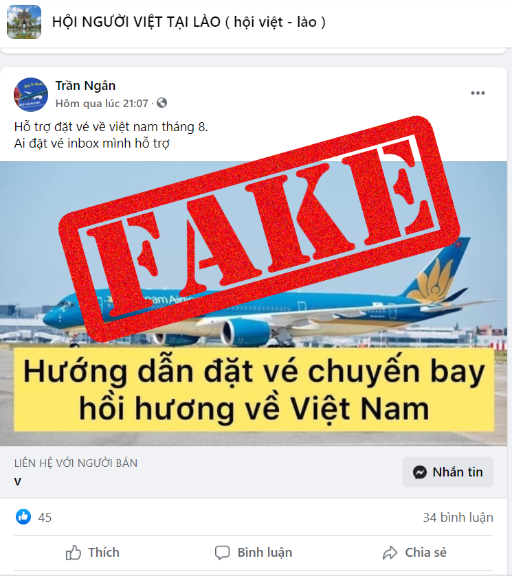 Vietnam Airlines tại Lào khẳng định không có chuyến bay Lào Việt trong tháng 8/2021