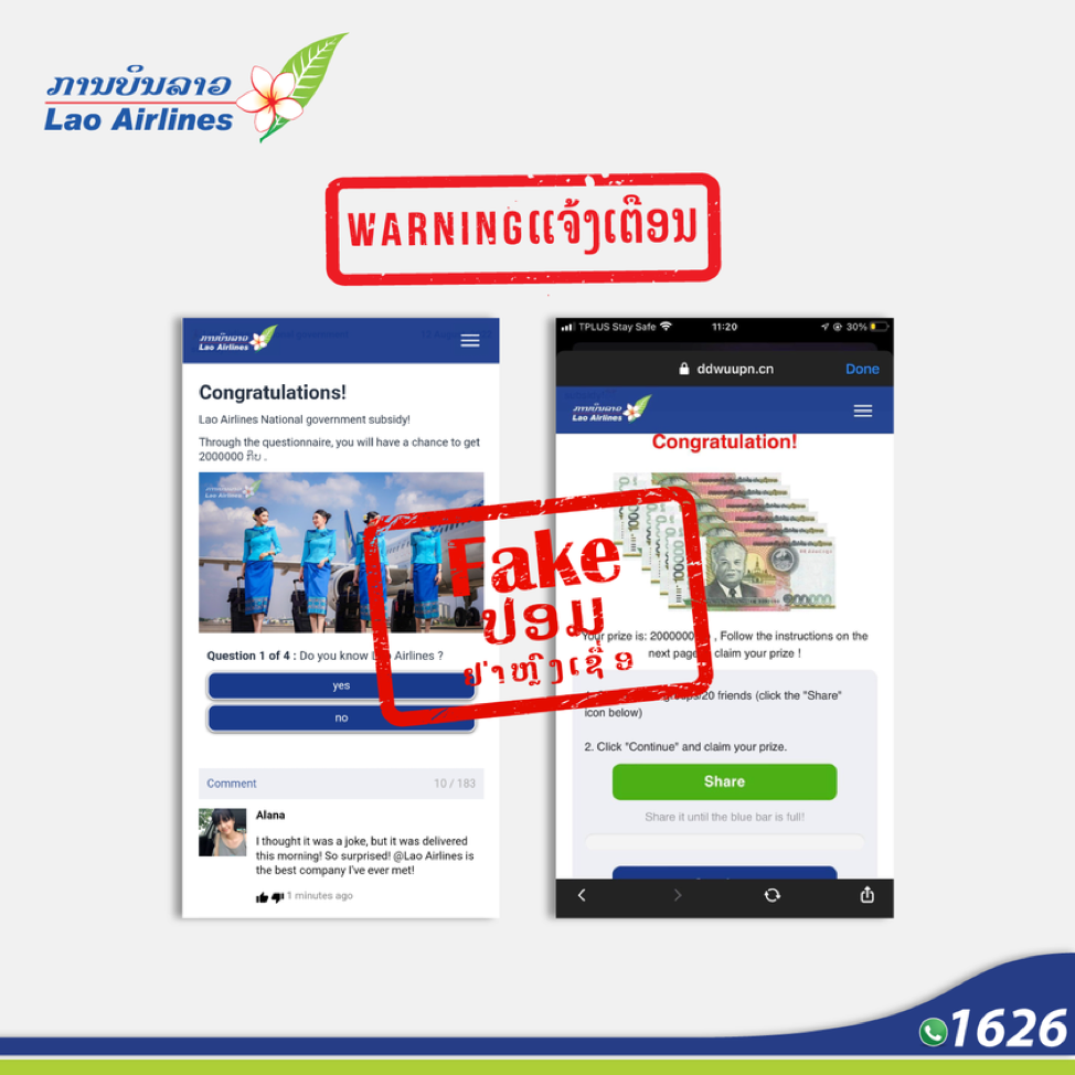 Lao Airlines cảnh báo về website giả mạo đánh cắp thông tin cá nhân
