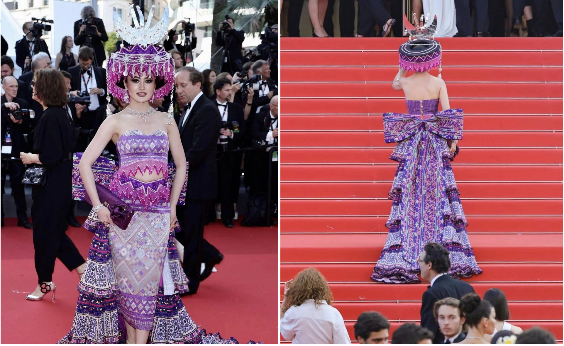 Hoa hậu Lào mặc trang phục H’Mông trên thảm đỏ Cannes