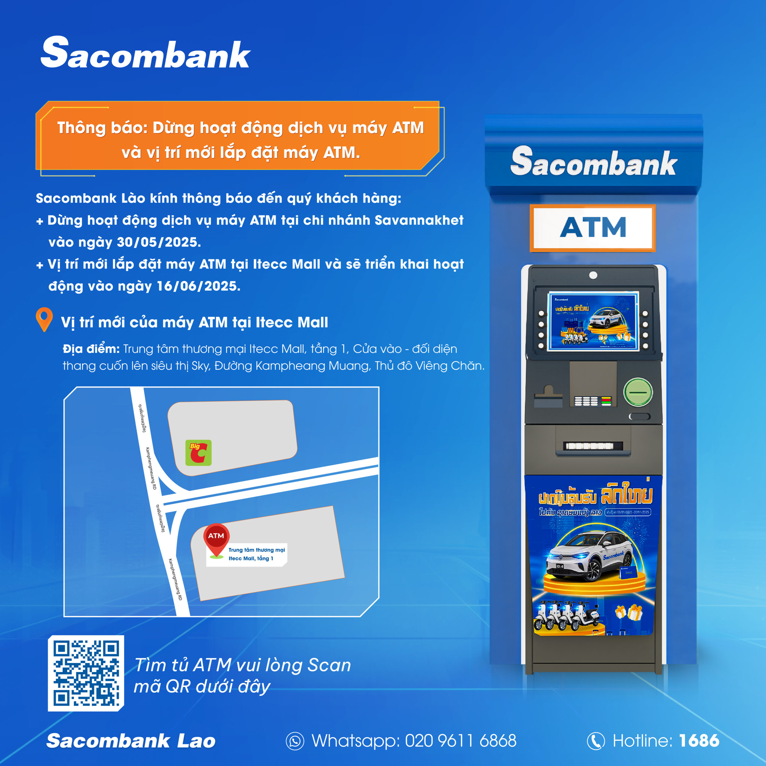 Sacombank Lào thông báo thay đổi vị trí máy ATM tại Savannakhet